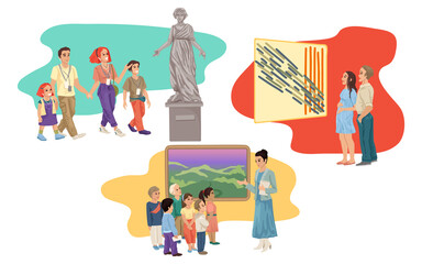 Wall Mural - Museum gallery, people tourists visiting exhibits, paintings and statues, children and people watching the sights, guided tour, listening audio guide. Vector illustration