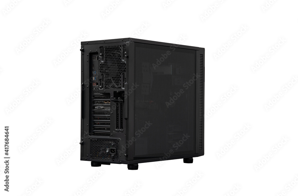 single big black chassis tower system unit, desktop computer, back view ...