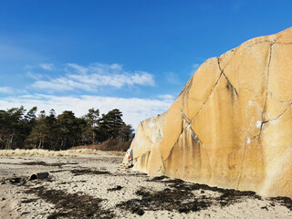 Poster - Closeup shot of a sandy seashore with big rocks and trees in Ula, Norway