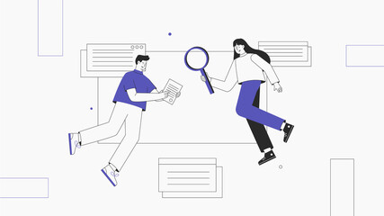 The concept of team work, business, partnership, cooperation. People working on website or application, developing computer software, coding and programming. Modern flat outline style.