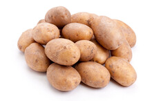 Closeup Shot Of Sieglinde Organic, Yellow-skinned Potatoes In A Pile Isolated On A White Background