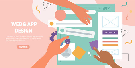 Hands working on the layout of a web page and app design for a digital device viewed from above, flat cartoon colored vector illustration