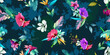 Wide vintage seamless background pattern. Field flowers, tropical leaves with bamboo on dark blue. Abstract, hand drawn, vector - stock.