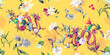 Abstract wide vintage seamless background pattern. Field flowers with leaves, camomile and chinese dragon behind on yellow. Hand drawn, vector - stock.
