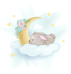 Poster - Cute little rabbit sleeping on a cloud