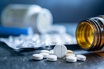 Drug prescription for treatment medication. Packaging of tablets and pills on the table. Medicine.