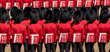 Trooping The Colour, Military Ceremony At Horse Guards Parade, Westminster With The Coldstream Guards In Their Red And Black Traditional Uniform And Bearskin Hats.