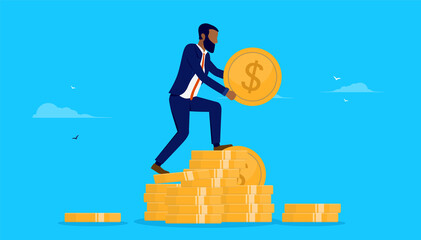 Leinwandbilder - African American businessman with money - Male person lifting coins standing on stack of cash. Rich and financial success concept. Vector illustration.