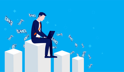 Leinwandbilder - Successful finance worker - Man working on laptop on top of graph with money flying around. Career winner and success concept. Vector illustration.