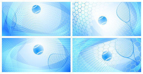 Wall Mural - Set of four abstract tennis backgrounds with ball and racket in light blue colors