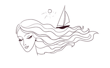 Wall Mural - Woman profile with long hair like sea with boat. Dreams and vacation concept.