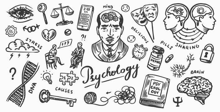 Fototapete - Psychology science poster or banner. Psychologist online. Clew and dna, puzzle and key. Hand drawn sketch. Psychological help. Brain and mind and mental health. Vintage retro signs. Doodle style. 