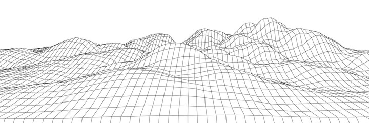 Wireframe 3D landscape mountains. Wireframe landscape wire. 3d landscape. Digital retro landscape cyber surface. Vector illustration.