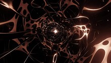 Abstract Science Fiction Portal Futuristic Endless Alien Cave Copper Metallic Tunnel. 4K 3D Seamless Loop Flying Into Web Corridor Worm Hole Motion Background Animation. VJ DJ Loop. Energy Tunnel.