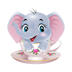 Sticker - Cute baby elephant cartoon sitting in the cup