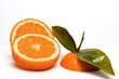 Cut Orange fruit with leaves isolated on white.Copy space