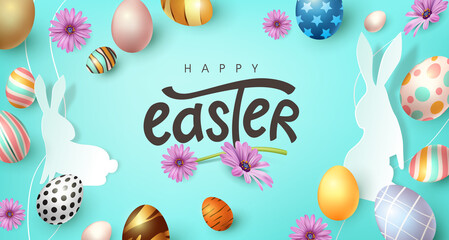 Wall Mural - happy easter banner background. traditional colored easter eggs with different ornaments.