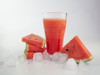 Wall Mural - Watermelon smoothie with watermelon slices and ice cube on white background