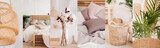 Fototapeta Boho - collage of 6 photos in one style: elements of home decor in boho style: wicker chandelier, pastel bed, wicker baskets, bouquet of cotton, green plants. natural calm colors well-being apartment decor