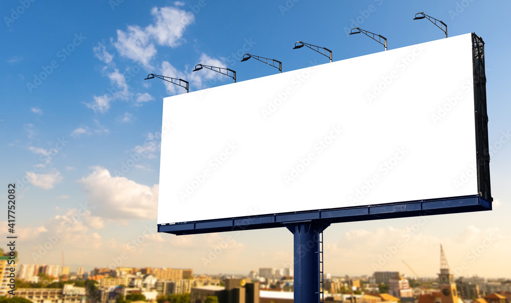 Mockup Large white blank billboard or white promotion poster displayed on the outdoor against the blue sky background. Promotion information for marketing announcements and details - obrazy, fototapety, plakaty 