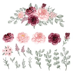 Wall Mural - Isolated Pink Burgundy and pink Rose Flower Leaves Wreath
