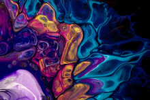 Bright Abstract Fluid Art On Black Background Dark Purple And Blue Colors.