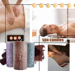 Poster - Collage of relaxing man in spa salon and different aroma candles