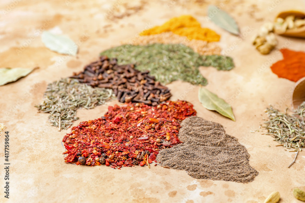 World map made of spices on color background, closeup