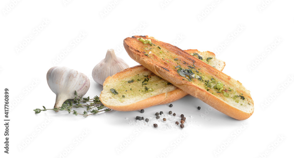 Toasted bread with garlic on white background