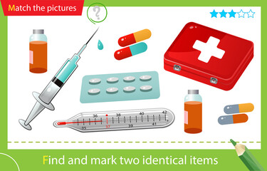 Wall Mural - Find and mark two identical items. Puzzle for kids. Matching game, education game for children. Color image of red first aid kit with medications.