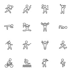 Wall Mural - Kinds of sports line icons set, outline vector symbol collection, linear style pictogram pack. Signs, logo illustration. Set includes icons as athletics, cycling, fencing, figure, gymnastics, tennis