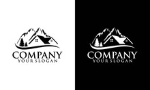 House In The Mountains Vector Logo. Sign Of A Real Estate Hotel Cottage. Property Agents, Building, Insurance, Purchasing, Investment, Construction, Cleaning. Winter Vacation And Symbol Of A Ski Resor