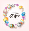 Happy easter banner background. Traditional colored easter eggs with different ornaments. 