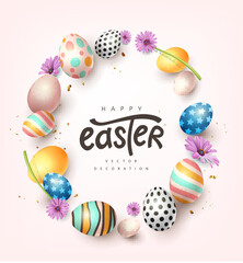Wall Mural - happy easter banner background. traditional colored easter eggs with different ornaments.