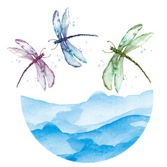 Wall Mural - Abstract watercolor stain, blot. The dragonfly flies. Moth, butterfly.Planet earth, environmental poster. Watercolor dragonfly. Round logo 