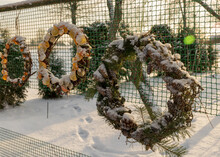 Decorations After The Holidays, Snow-covered Round Wicker Decorations In The Garden, Green Mesh Texture Background