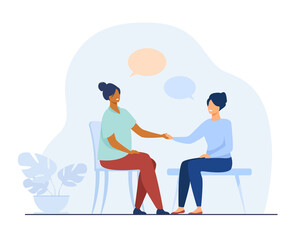 Wall Mural - Two female friends talking and holding hands. Chat, speech bubble, chair flat vector illustration. Communication and friendship concept for banner, website design or landing web page