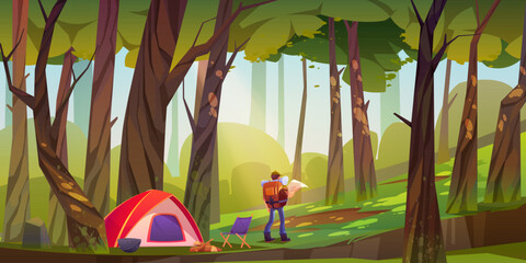 traveler camp in forest, tourist with backpack and map stand at scenery wood landscape search right 
