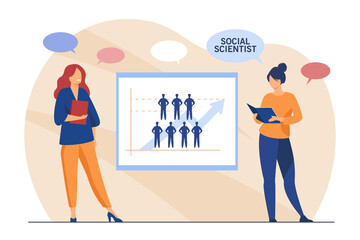 Two female social scientists studying people. Arrow, analysis, survey flat vector illustration. Business research and statistics concept for banner, website design or landing web page