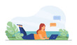 © SurfupVector - Woman chatting on laptop and lying on meadow. Computer, online, network flat vector illustration. Freelance and communication concept for banner, website design or landing web page
