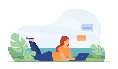 Wall Mural - Woman chatting on laptop and lying on meadow. Computer, online, network flat vector illustration. Freelance and communication concept for banner, website design or landing web page