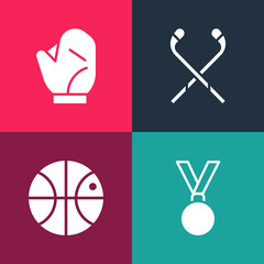 Wall Mural - Set pop art Medal, Basketball ball, Ice hockey sticks and Baseball glove icon. Vector.