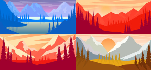 Wall Mural - Set of cartoon mountain landscape in flat style. Design element for poster, card, banner, flyer. Vector illustration