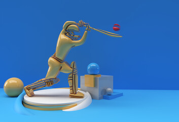 Wall Mural - 3D Render Concept of Batsman Playing Cricket - Scene for Display Championship Trophy Cup, 3D art Design Poster illustration.