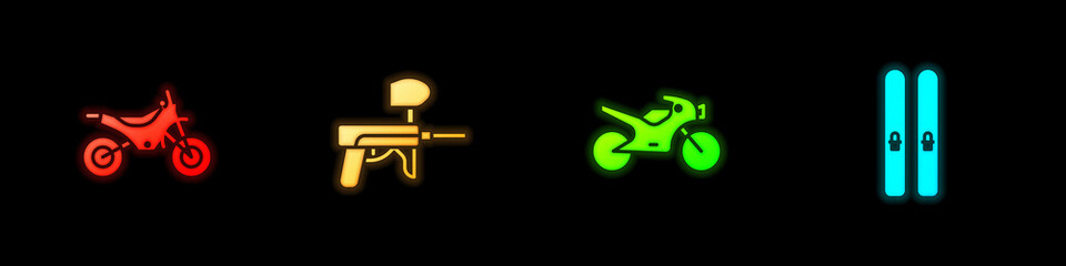 Poster - Set Mountain bike, Paintball gun, Motorcycle and Ski and sticks icon. Vector.