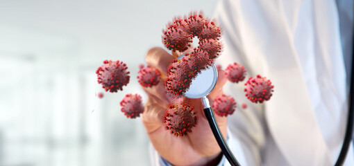 Wall Mural - Doctor touching a coronavirus covid19 concept - 3d rendering