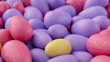 Multicolored Easter Egg Background. Beautiful Easter Wallpaper With, Speckled Yellow, Pink And Purple Eggs. 3D Render 