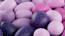 Multicolored Easter Egg Background. Beautiful Easter Wallpaper With, Speckled Purple, Magenta And Pink Eggs. 3D Render 