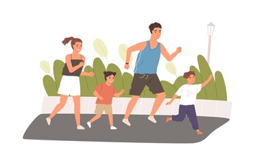 Poster - Happy and healthy family with kids jogging or running in summer. Active parents with children exercising in park together. Colored flat vector illustration isolated on white background