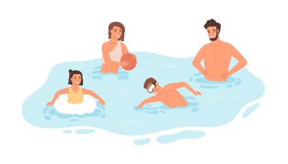 Wall Mural - Happy family with kids swimming and playing in pool together. Father, mother and children spending leisure summer time together. Colored flat graphic vector illustration isolated on white background